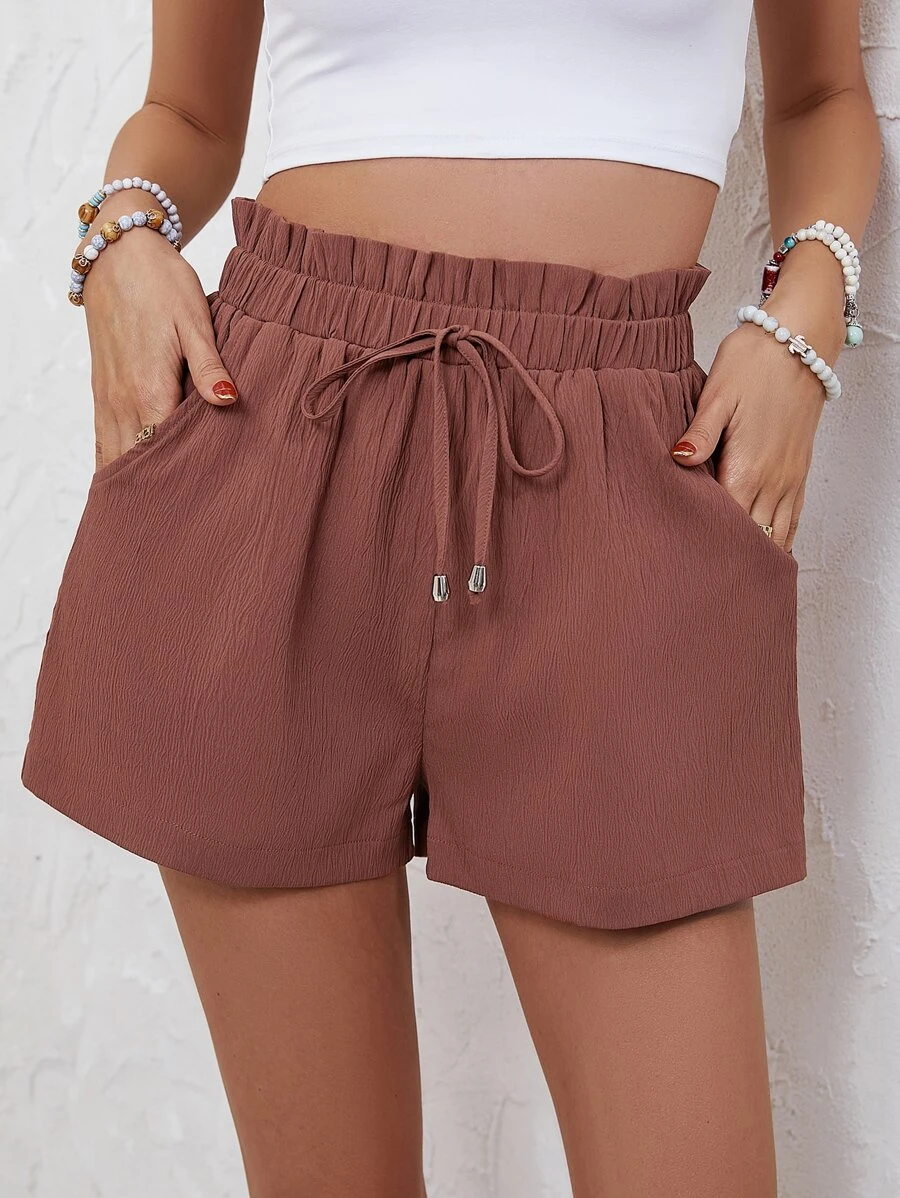 SHEIN Frenchy Plain Color Paper Bag Waist Drawstring Pocket Casual Textured Loose Shorts Summer - Redwood - View 1