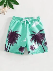 Boys Tropical Print Drawstring Swim Shorts - Teal Blue - View 1