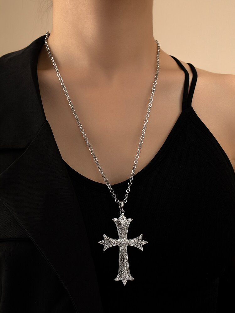 十字架吊坠项链 - 銀色 - 查看 1