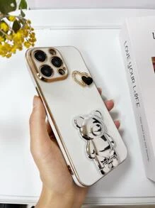 适用于 16 的 DIY 心形电镀小熊手机支架，兼容三星 Galaxy S24U/A05/A35/A15/A25/A24/S23FE/A12345/12345 以及苹果 14Pro Max/15/13/12/11/7/8/XS Max R 系列和 G5G2022/G Stylus/G Play/Power，情侣款手机壳，国际版，非国内版 - 白色 - 查看 4