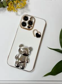 适用于 16 的 DIY 心形电镀小熊手机支架，兼容三星 Galaxy S24U/A05/A35/A15/A25/A24/S23FE/A12345/12345 以及苹果 14Pro Max/15/13/12/11/7/8/XS Max R 系列和 G5G2022/G Stylus/G Play/Power，情侣款手机壳，国际版，非国内版 - 白色 - 查看 2