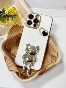 适用于 16 的 DIY 心形电镀小熊手机支架，兼容三星 Galaxy S24U/A05/A35/A15/A25/A24/S23FE/A12345/12345 以及苹果 14Pro Max/15/13/12/11/7/8/XS Max R 系列和 G5G2022/G Stylus/G Play/Power，情侣款手机壳，国际版，非国内版 - 白色 - 查看 5