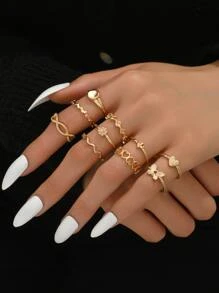 10 cái/bộ Nhẫn trang trí trái tim & bướm - Vàng - Xem 1