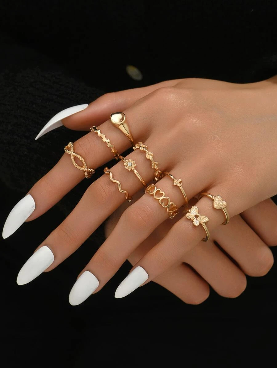 10 cái/bộ Nhẫn trang trí trái tim & bướm - Vàng - Xem 1