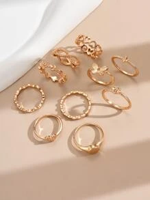 10 cái/bộ Nhẫn trang trí trái tim & bướm - Vàng - Xem 2