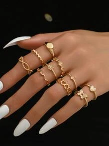 10 cái/bộ Nhẫn trang trí trái tim & bướm - Vàng - Xem 4