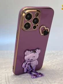 16个心形DIY支架+电镀泰迪熊支架 - 兼容三星Galaxy S24U/A05/A35/A15/A25/A24/S23FE/A12345/12345系列/ 兼容苹果14ProMax/15/13/12/11/7/8/XSMaxR系列/ 适用于Moto G5G2022/G Stylus/G Play/Power系列情侣手机壳，国际版，非国内版 - 紫色 - 查看 1