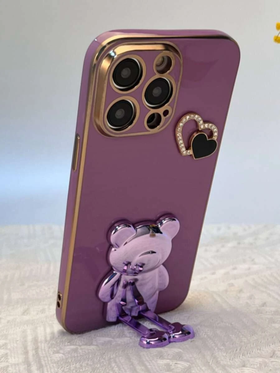 16个心形DIY支架+电镀泰迪熊支架 - 兼容三星Galaxy S24U/A05/A35/A15/A25/A24/S23FE/A12345/12345系列/ 兼容苹果14ProMax/15/13/12/11/7/8/XSMaxR系列/ 适用于Moto G5G2022/G Stylus/G Play/Power系列情侣手机壳，国际版，非国内版 - 紫色 - 查看 1