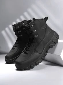 Men Lace-up Front Combat Boots - Black - View 1