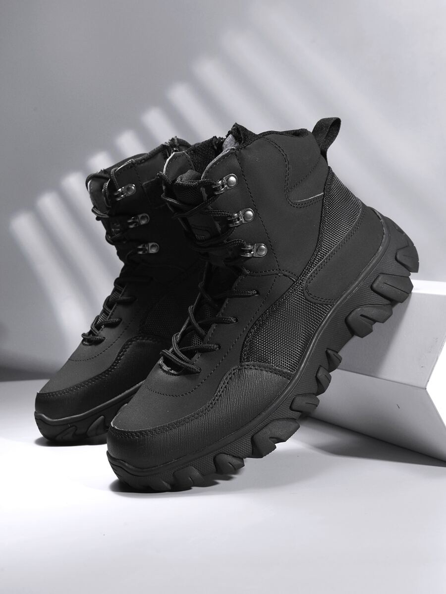 Men Lace-up Front Combat Boots - Black - View 1