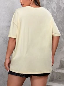 SHEIN EZwear 大碼蘑菇和標語圖案落肩T恤 - 米色 - 查看 2