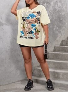 SHEIN EZwear 大碼蘑菇和標語圖案落肩T恤 - 米色 - 查看 4