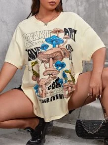 SHEIN EZwear 大碼蘑菇和標語圖案落肩T恤 - 米色 - 查看 5