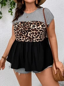 SHEIN LUNE Plus Leopard Print Batwing Sleeve Peplum Tee - Multicolor - View 3