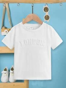 SHEIN Leap Crew Young Boy Casual Round Neck Solid Color 3D Letter Graphic T-Shirt - White - View 2