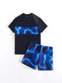 Tween Boy Lightning Pattern Beach Swimsuit - Multicolor - View 5