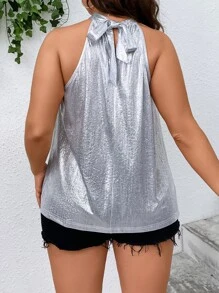 SHEIN BAE 大碼金屬質感後綁帶掛脖上衣 - 銀色 - 查看 2