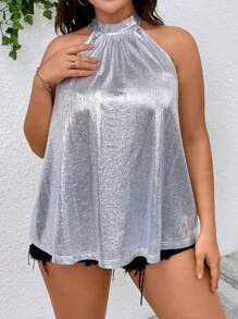 SHEIN BAE 大碼金屬質感後綁帶掛脖上衣 - 銀色 - 查看 5