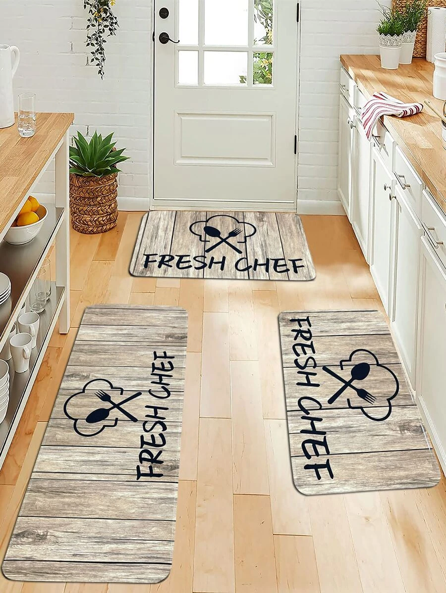 1 pieza alfombra de cocina antideslizante con gráfico de letras, alfombrilla absorbente con patrón de madera para cocina - Multicolor - Ver 1