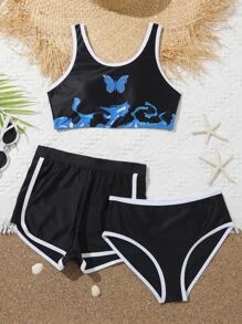 Tween Girl Butterfly Print Contrast Binding Bikini Set With Beach Shorts Summer Beach - Black - View 1