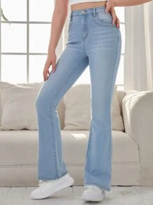 SHEIN Teen Girls Flare Leg Jeans - Light Wash - View 1