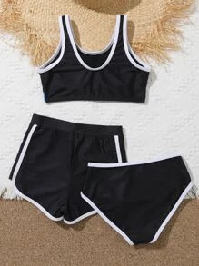 Tween Girl Butterfly Print Contrast Binding Bikini Set With Beach Shorts Summer Beach - Black - View 2