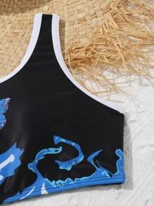 Tween Girl Butterfly Print Contrast Binding Bikini Set With Beach Shorts Summer Beach - Black - View 3