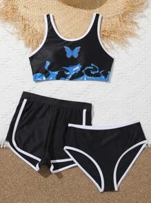 Tween Girl Butterfly Print Contrast Binding Bikini Set With Beach Shorts Summer Beach - Black - View 4