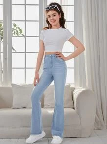 SHEIN Teen Girls Flare Leg Jeans - Light Wash - View 4