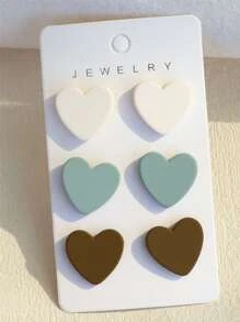 3對/套心耳釘 - 彩色 - 查看 1