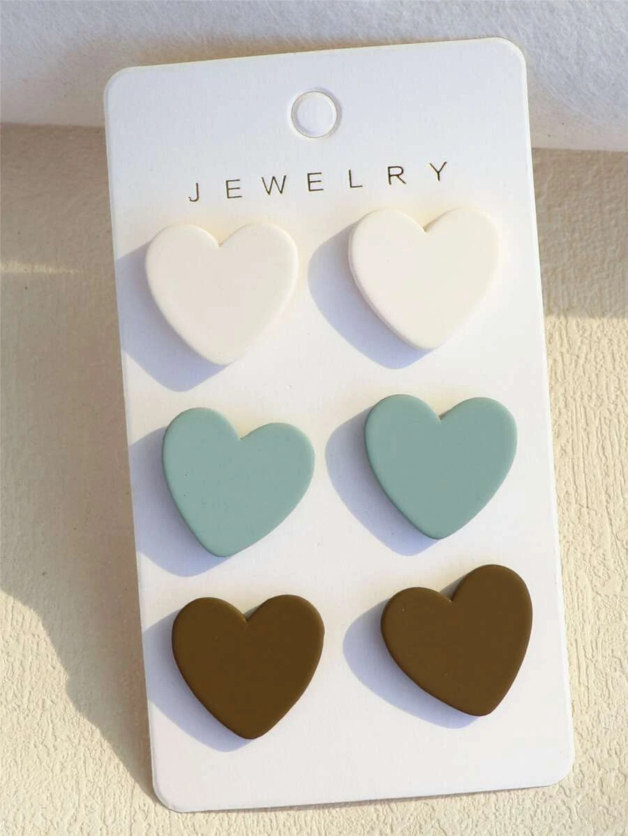 3對/套心耳釘 - 彩色 - 查看 1