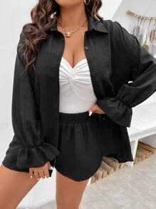 Calvaya Plus Drop Shoulder Flounce Sleeve Shirt & Shorts - Black - View 1