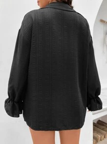 Calvaya Plus Drop Shoulder Flounce Sleeve Shirt & Shorts - Black - View 2