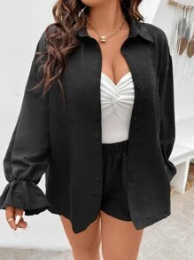 Calvaya Plus Drop Shoulder Flounce Sleeve Shirt & Shorts - Black - View 3