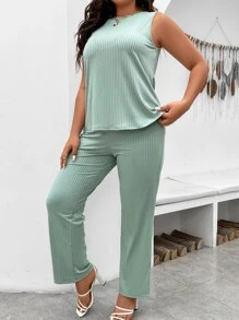 SHEIN LUNE Pantalones con top tejido de canalé