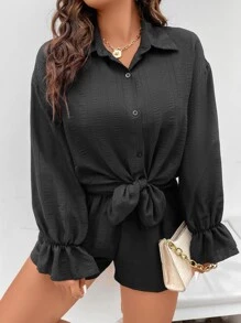 Calvaya Plus Drop Shoulder Flounce Sleeve Shirt & Shorts - Black - View 4