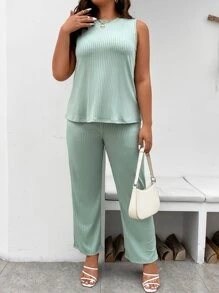 SHEIN LUNE Pantalones con top tejido de canalé
