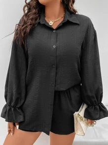 Calvaya Plus Drop Shoulder Flounce Sleeve Shirt & Shorts - Black - View 6