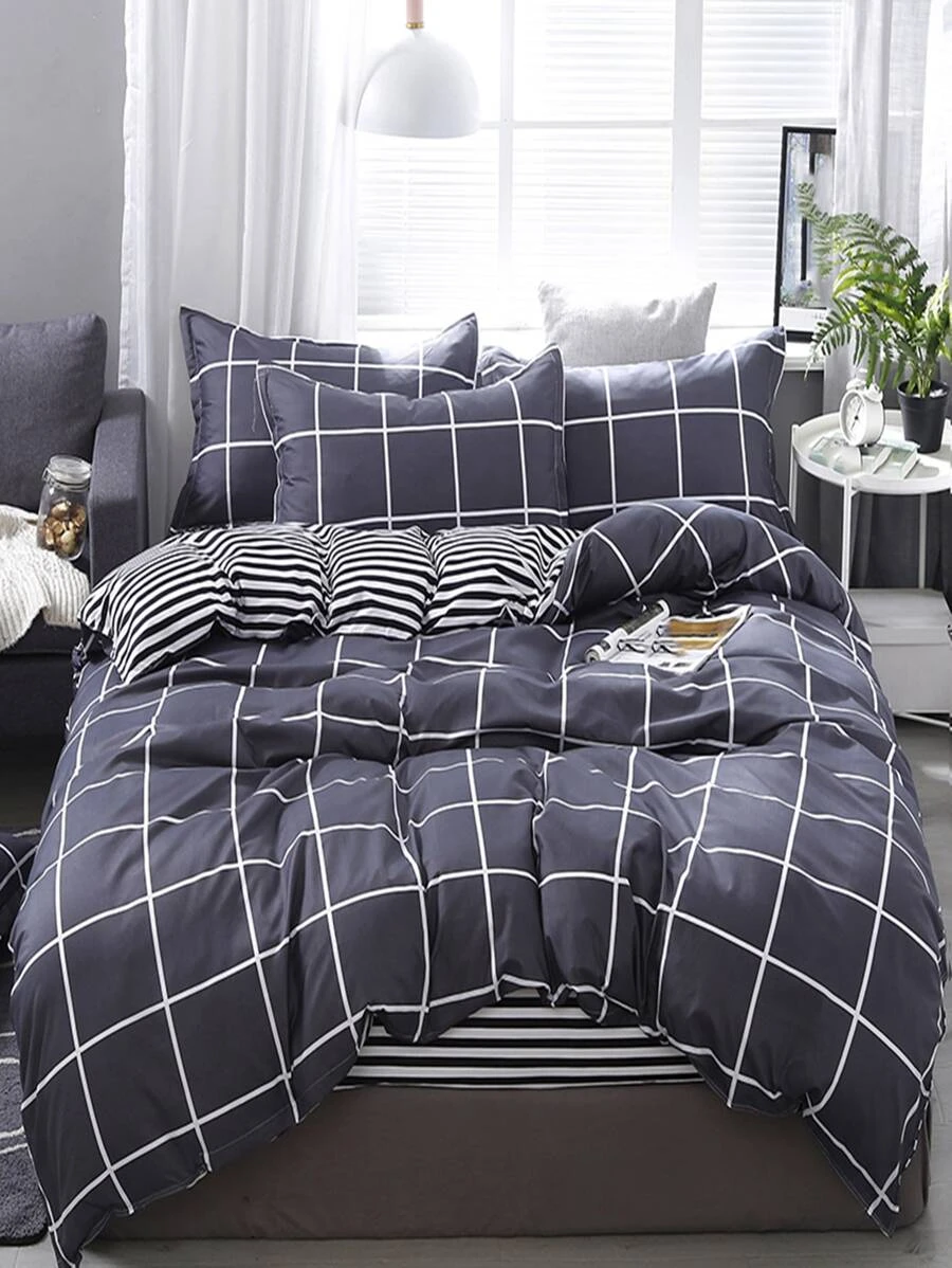 Set funda nórdica con patrón a cuadros sin relleno, ropa de cama simple para dormitorio - Multicolor - Ver 1