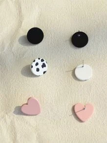 3pairs/Set Heart & Round Stud Earrings Valentines - Multicolor - View 2