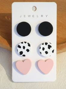 3pairs/Set Heart & Round Stud Earrings Valentines - Multicolor - View 3