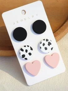 3pairs/Set Heart & Round Stud Earrings Valentines - Multicolor - View 4