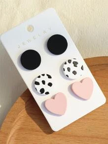 3pairs/Set Heart & Round Stud Earrings Valentines - Multicolor - View 5