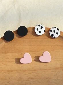 3pairs/Set Heart & Round Stud Earrings Valentines - Multicolor - View 8