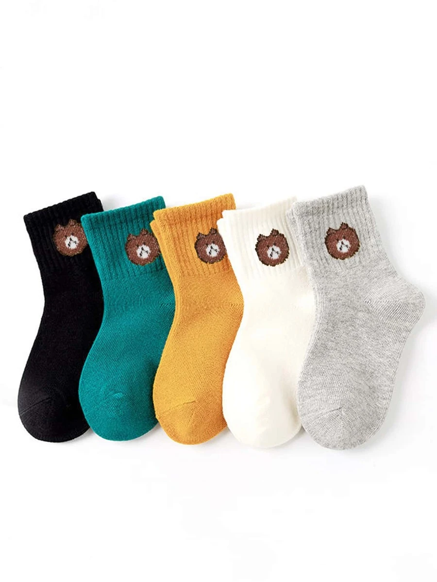 5雙幼童卡通熊圖案中筒襪 - 彩色 - 查看 1