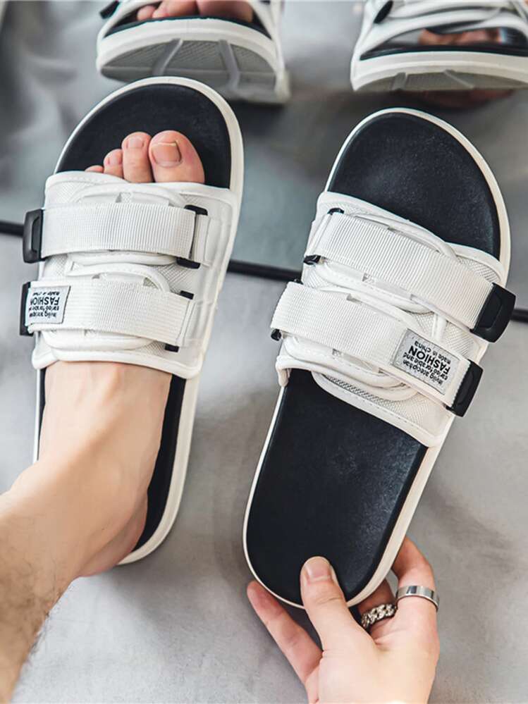 春夏男士字母细节魔术贴搭扣时尚白色拖鞋 - 白色 - 查看 2