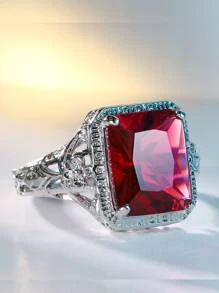 花細節方形裝飾戒指 - 紅色 - 查看 1