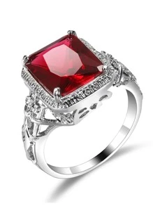 花細節方形裝飾戒指 - 紅色 - 查看 3