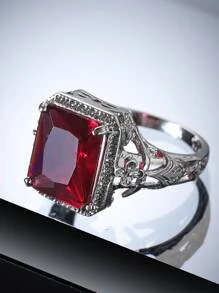 花細節方形裝飾戒指 - 紅色 - 查看 4