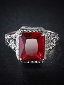 花細節方形裝飾戒指 - 紅色 - 查看 5